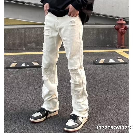 vintage straight leg slimming with frayed edges and holes jeans men ins trendy brand American high street black micro flared pants