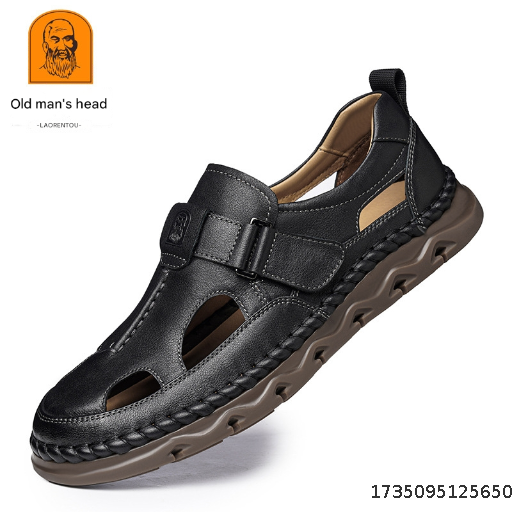 Sandals men's summer breathable middle-aged Baotou hole shoes men's leather casual