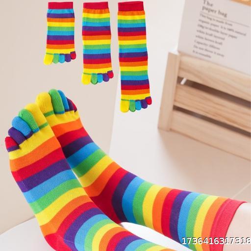Rainbow Striped Five Finger Socks Women's Middle Socks Split Toe Cotton Socks