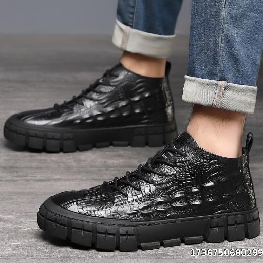 New autumn and winter leather boots men's crocodile pattern high top men's shoes Korean version men's casual shoes workwear short boots black