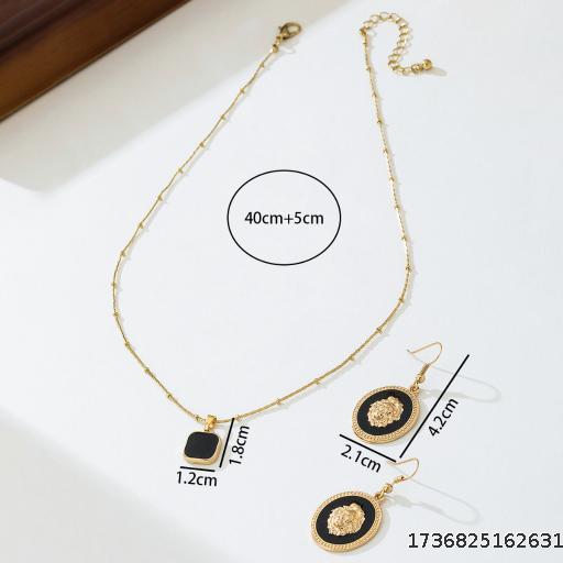 2 Piece Necklace Earrings Set Black Geometric Square Pendant Necklace Niche Design Lion's Head Earrings