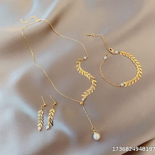 Three piece set of niche design, wheat ear pearl necklace, earrings, bracelet necklace, light luxury high-end student jewelry set