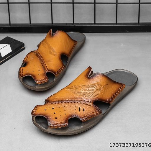 Cool, breathable and fashionable high quality leather cowhide sole half bag sandal slippers