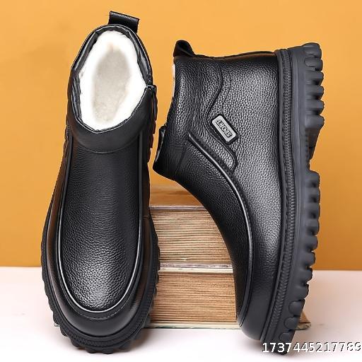 Winter Cotton Shoes Men's Genuine Leather Wool High Top Shoes with Velvet Warm Snow Boots Cotton Leather Boots Men's Leather Shoes