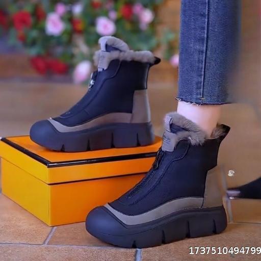 Zipper snow boots women 4 autumn and winter new plus velvet warm leather boots fashion casual thick-soled cotton boots soft-soled women's shoes