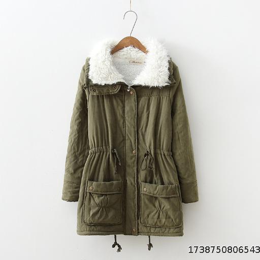 Medium to long slim fit peach skin velvet cotton jacket for women, drawstring waist cinched lamb wool warm jacket