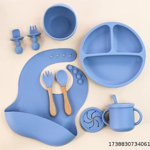 [Wholesale Price 4-piece] Children's Silicone Meal Plate Set 8pcs, Wooden Handle Waiver, Fork Spoon, Drinking Cup, Baby Silicone Meal Plate
