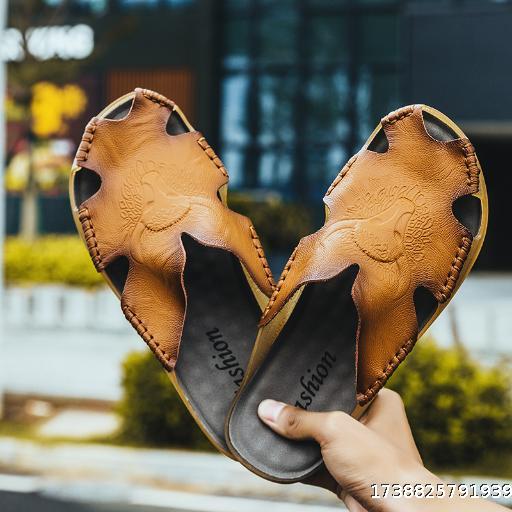 Summer fashion men's beach outerwear cowhide non-slip soft sole single-head casual