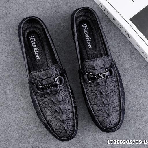 Top layer cowhide bean shoes trendy ins crocodile pattern one foot lazy shoes British style