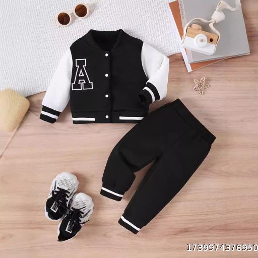 Spliced Embroidered Letter Baseball Jacket+Casual Pants Baby Two Piece Set