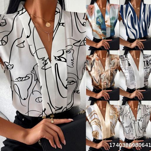 Summer European and American fashion casual sleeveless V-neck printed shirt for women