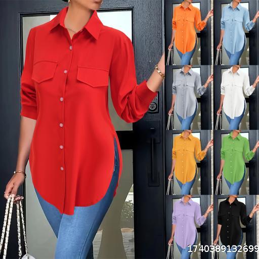 European and American women's clothing 2024 autumn and winter new sweet polyester cardigan POLO collar shirt slim fit long sleeved shirt