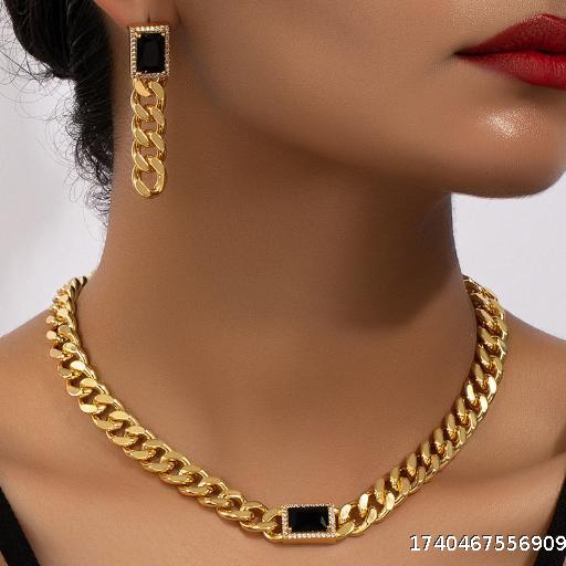 European and American Thick Chain Necklace Earrings Set Clavicle Chain Accessories