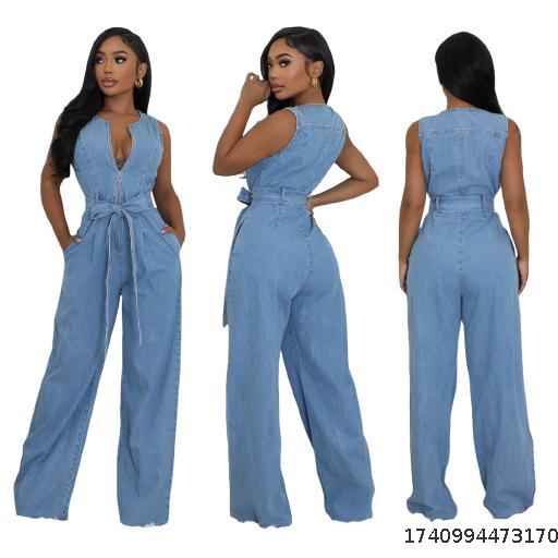Europe and the United States cross-border tight waist Slim elastic wash denim jumpsuit straight loose jumpsuit trousers