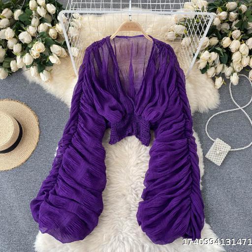 Europe and the United States ins top female design sense niche pleated bubble sleeve Slim short section fashionable blogger hundred chiffon shirt