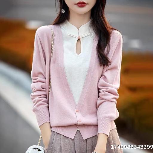 Chinese style fake two-piece knitted cardigan women's qipao collar knitted sweater