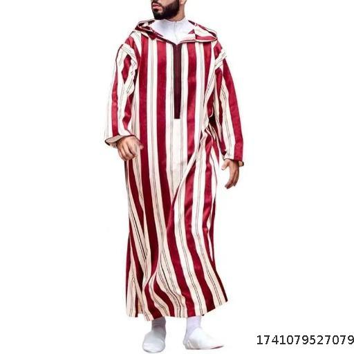New Color blocked Striped Long Muslim Robe Hoodie Ethnic Style Men's Wear