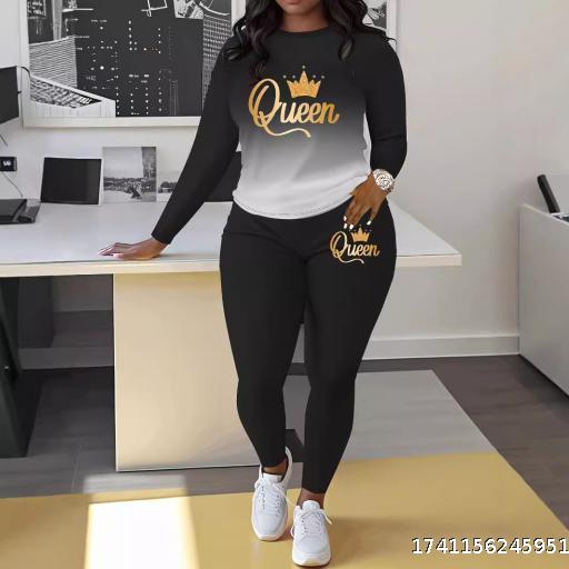 European and American women's gradient printed round neck casual two-piece set