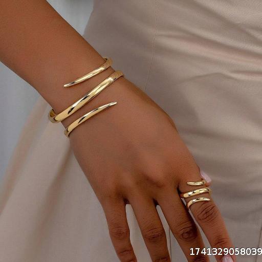 【wholesale 5 sets】Metal Design Geometric Women's Open Bracelet Ring Set Exaggerated Punk Retro Style Jewelry