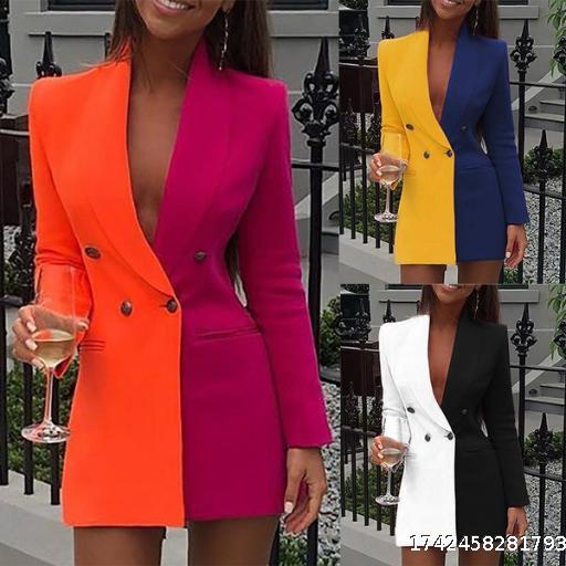 New color blocking splicing OL professional outfit V-neck cardigan small suit small suit