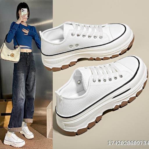 Thick bottom canvas shoes female 2025 spring and fall low gang muffin women's shoes to increase the height of secondary school students Korean version of the casual sports white shoes