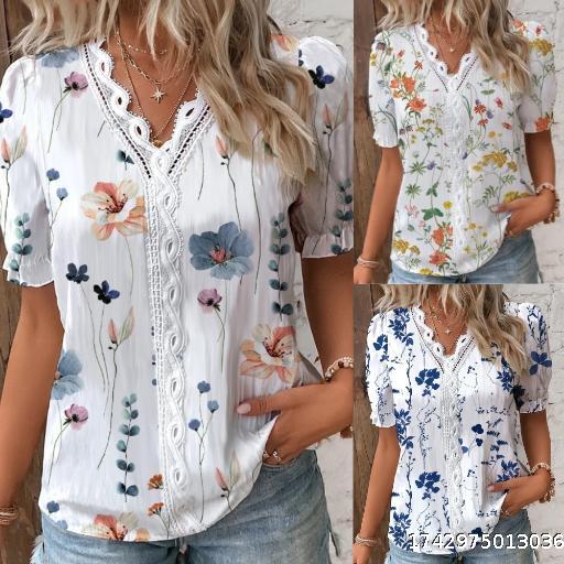 Summer V-neck lace patchwork printed shirt, women's shirt