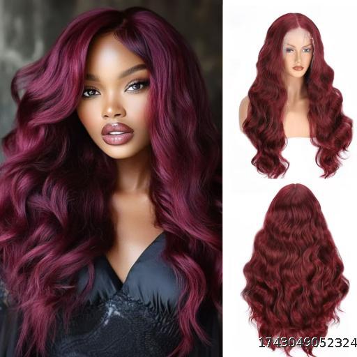New European and American Women's 13 * 4 Lace Headset Wine Red Big Wave Long Curled Hair lace wig