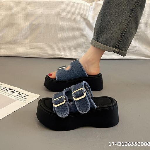 Cowboy Canvas Thick Bottom Slippers Women Summer Outer Wear 2024 New Hundred Leisure High Heel Open Toe Cool Slippers