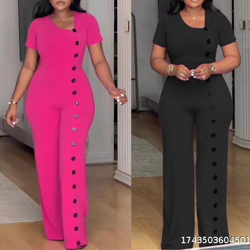 S10893 European and American Irregular Collar Waist Wide Leg Buckle jumpsuit