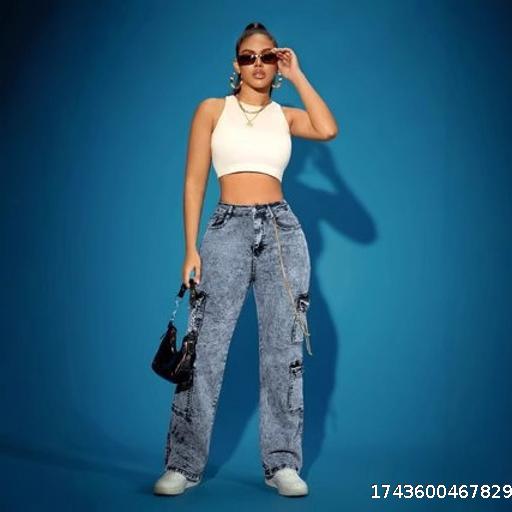 Women's Cowboy Work Pants High Waist Straight Tube Flip Pocket Women's Pants Loose Fit Women