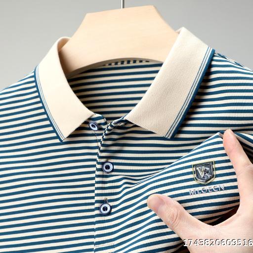 Polo Shirt Men's Light Mature Casual Fashion Thin Loose Chest Logo Stripe