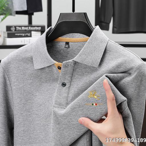 Spring pure cotton heavyweight long-sleeved polo shirt for middle-aged men business casual solid color embroidery