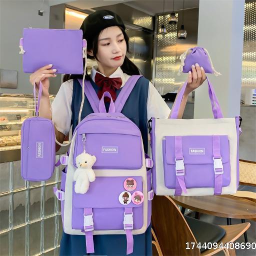 Five piece set student backpack, large capacity printed logo, campus backpack, elementary school, junior high school, lightweight backpack