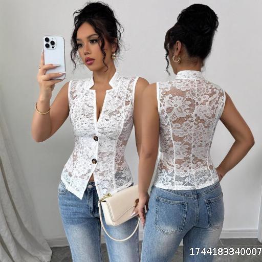 2025 New Sexy Light Mature Hollow Chest Revealing Jacquard Design Perspective Collar Tight Lace Cardigan