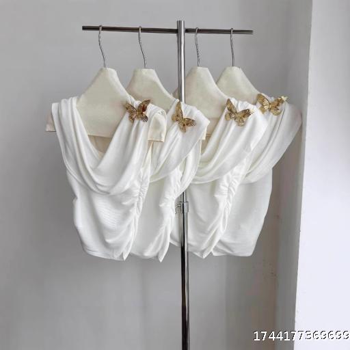 Pure Desire White Butterfly Swing Neck Sleeveless T-Shirt Women Summer French Sweet Spice Slim Short Design Backless Top