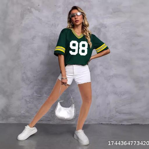 V-neck woven half sleeved loose T-shirt with women's letter printed top