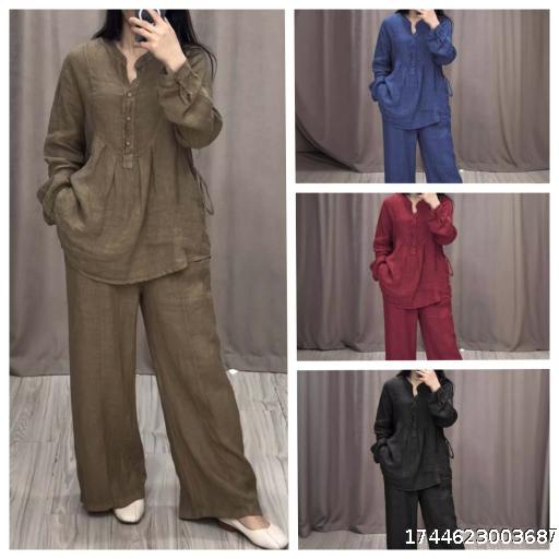 Fashionable and comfortable cotton linen long sleeve casual drawstring wide leg pants set
