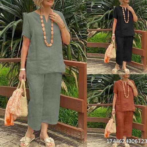 Short sleeved shirt elastic waistband 2-piece set loose casual summer pants