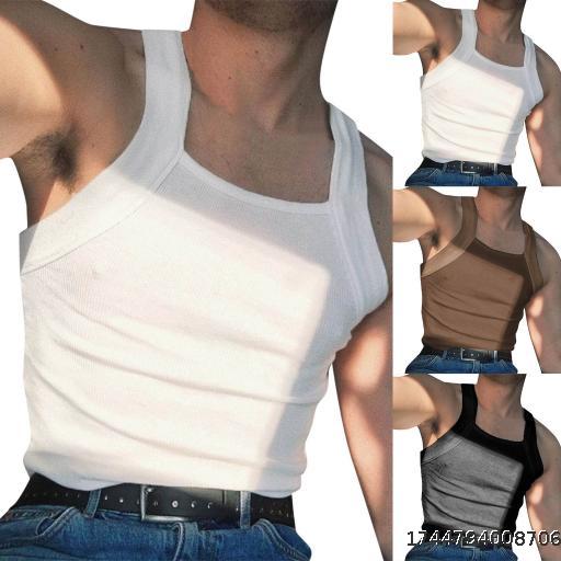 Men's Fashion Sleeveless Square Collar Splicing I-shaped Thread Heavy Weight Tank Top One Shoulder Men's Strap T-shirt