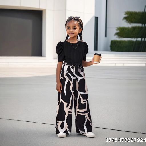 INS Girls' Summer Clothing Bubble Sleeves Fashion Casual Top Flower Printed Wide Leg Pants Stylish Set