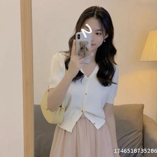 Bubble Sleeve Short Sleeve Knitted Cardigan T-shirt for Women