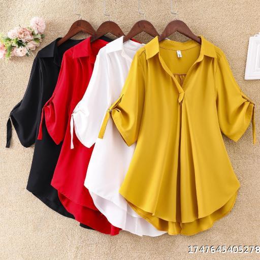Medium-length short-sleeved chiffon shirt female 2025 summer new large size loose waist thin chiffon shirt blouse female