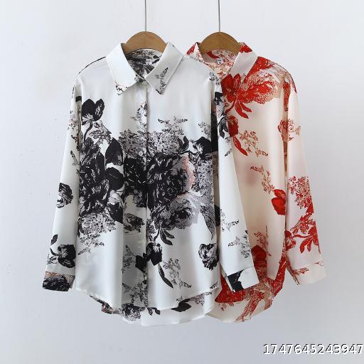 Autumn new Korean version of retro simple printing long-sleeved satin shirt female