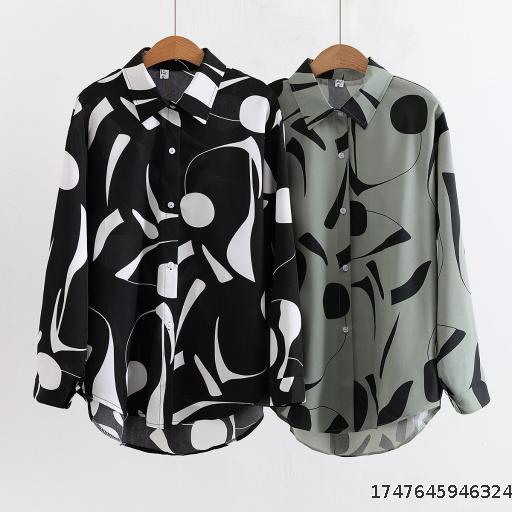 European and American style women's new flower print loose collared long sleeved fashionable shirt