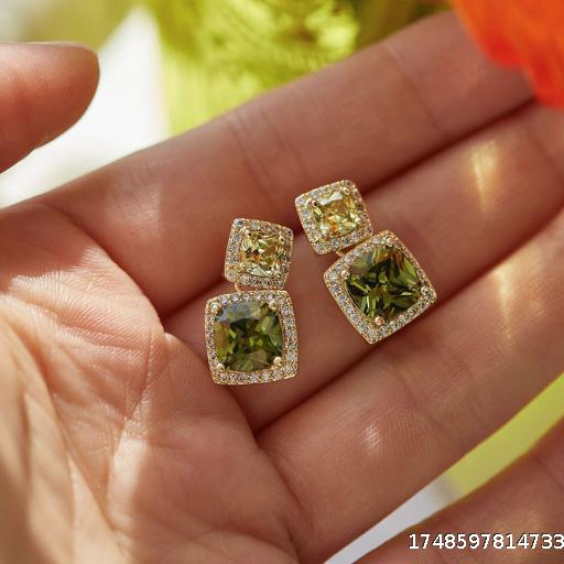 silver needle green square (real gold plating)  earring