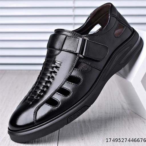 Men's Sandals Summer New Hollow out Men's Shoes Beach Shoes Soft Leather Breathable Leather Shoes Velcro