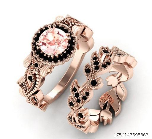 Jewelry Rose Gold Flower Leaf Set with Pink Zirconia Ring Set