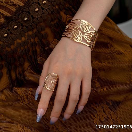Leaf hollow opening bracelet ring set jewelry