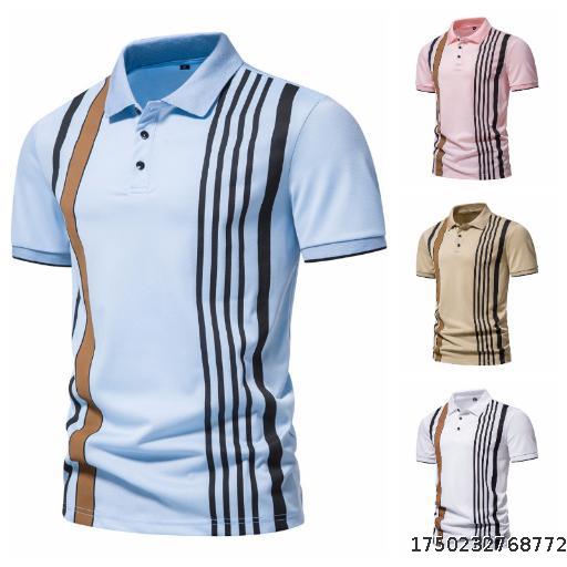 British Men's Polo Shirt Stripe Print Large Collar Men's Short Sleeve Polo Shirt
