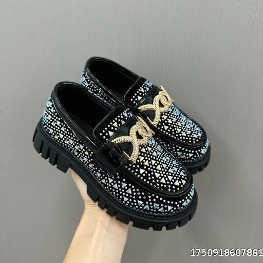 New 2025 Fashion Neutral loafers Korean Edition Color Diamond Middle Large Children's Shoes Leathershoes with Diamond Small Leather Shoes